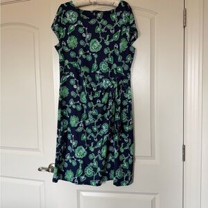 Talbots Navy Dress with Green Floral Print and Tie Waist